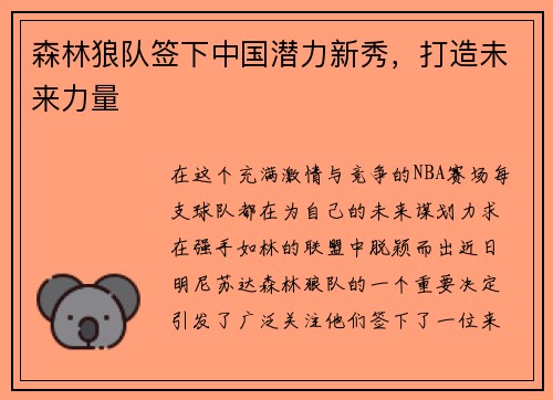 森林狼队签下中国潜力新秀，打造未来力量